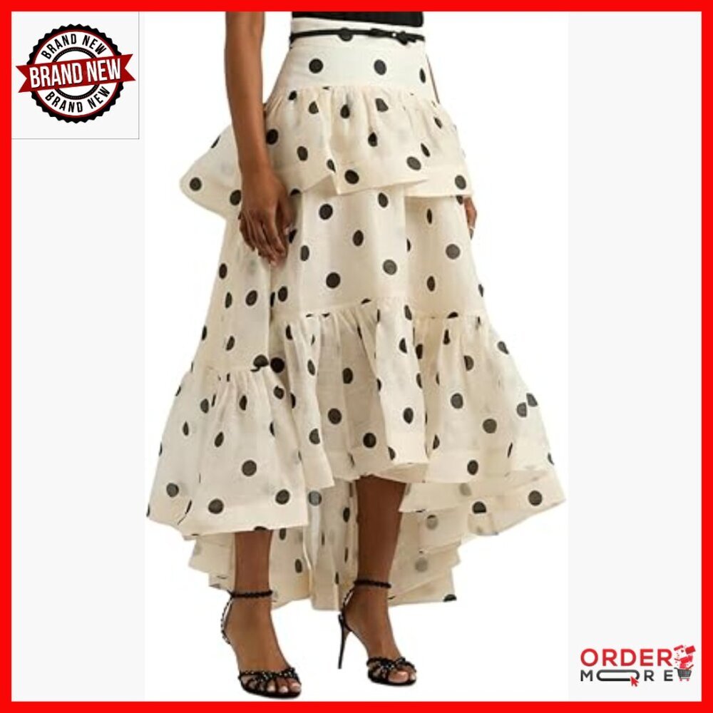 Polka Dot Maxi Skirt High Waist Asymmetrical Ruffle Layered Summer - Picture 1 of 7
